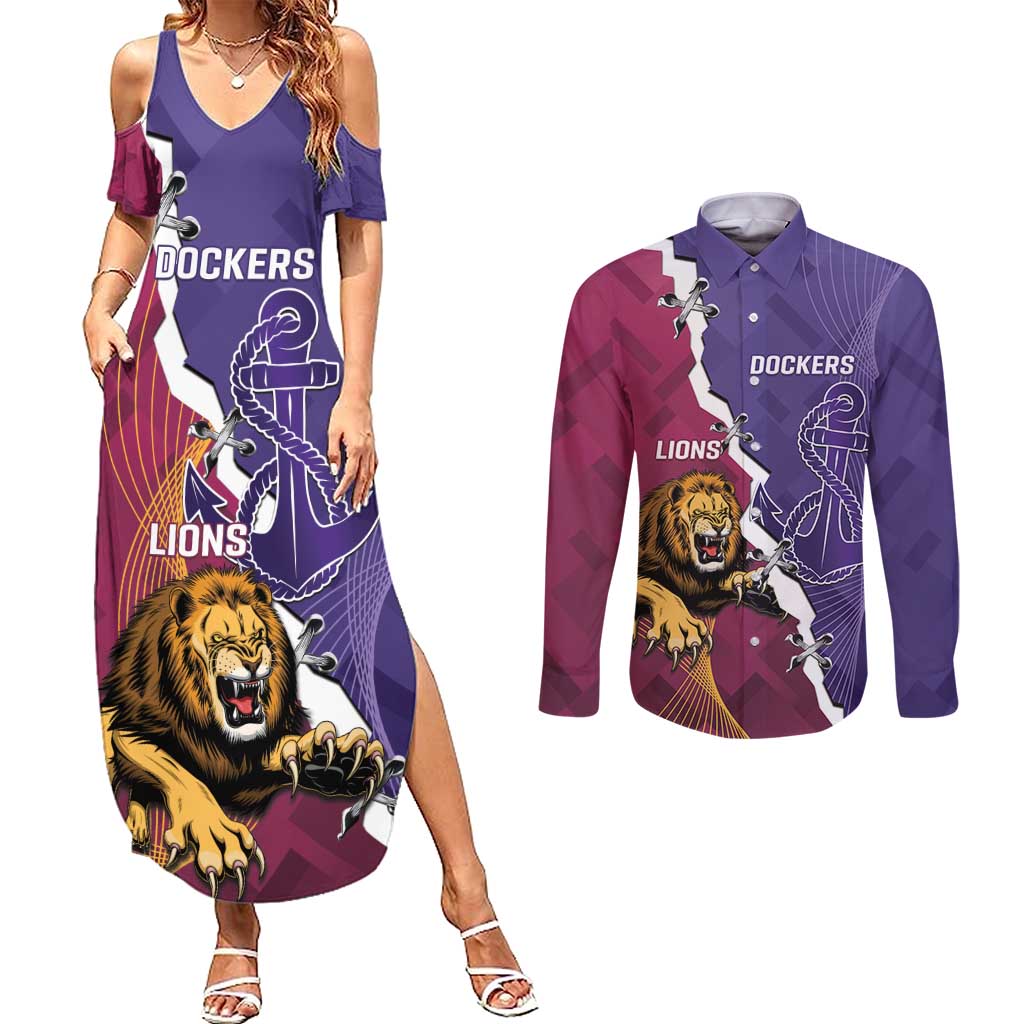 Dockers And Lions Football Custom Couples Matching Summer Maxi Dress and Long Sleeve Button Shirt 2025 Sporty Dynamic Version - Aussie Hoodie
