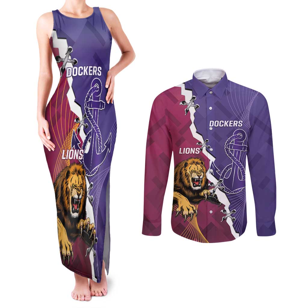 Dockers And Lions Football Custom Couples Matching Tank Maxi Dress and Long Sleeve Button Shirt 2025 Sporty Dynamic Version - Aussie Hoodie