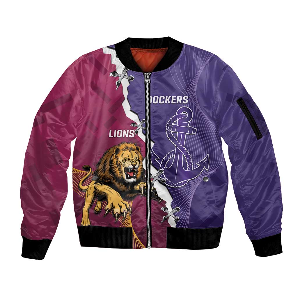 Dockers And Lions Football Custom Sleeve Zip Bomber Jacket 2025 Sporty Dynamic Version - Aussie Hoodie