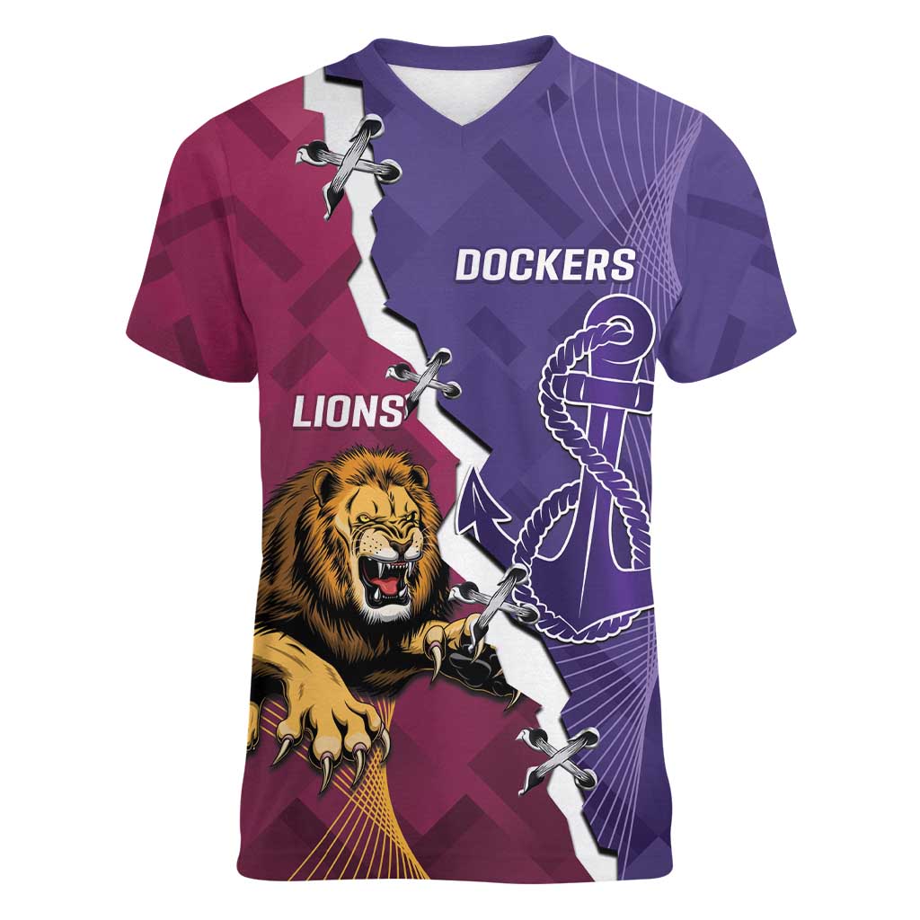 Dockers And Lions Football Custom Women V-Neck T-Shirt 2025 Sporty Dynamic Version - Aussie Hoodie