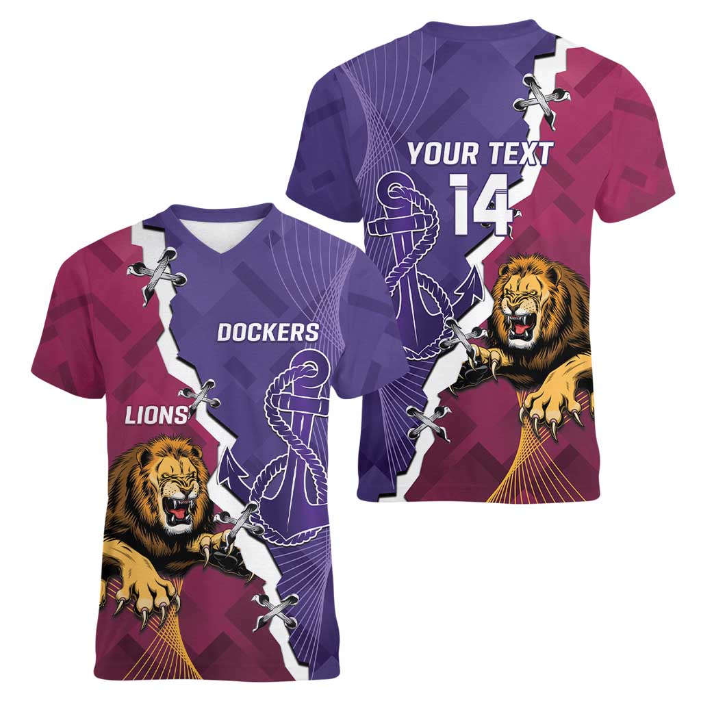 Dockers And Lions Football Custom Women V-Neck T-Shirt 2025 Sporty Dynamic Version - Aussie Hoodie