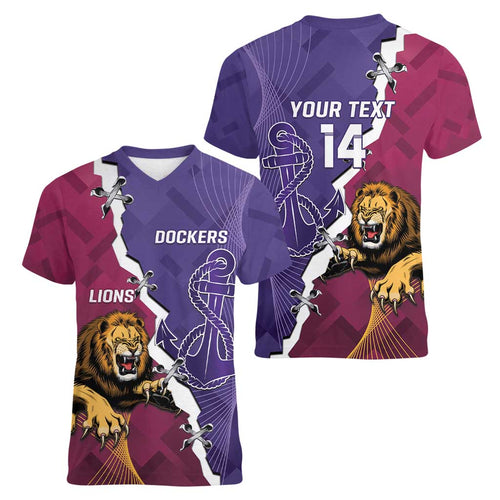 Dockers And Lions Football Custom Women V-Neck T-Shirt 2025 Sporty Dynamic Version - Aussie Hoodie