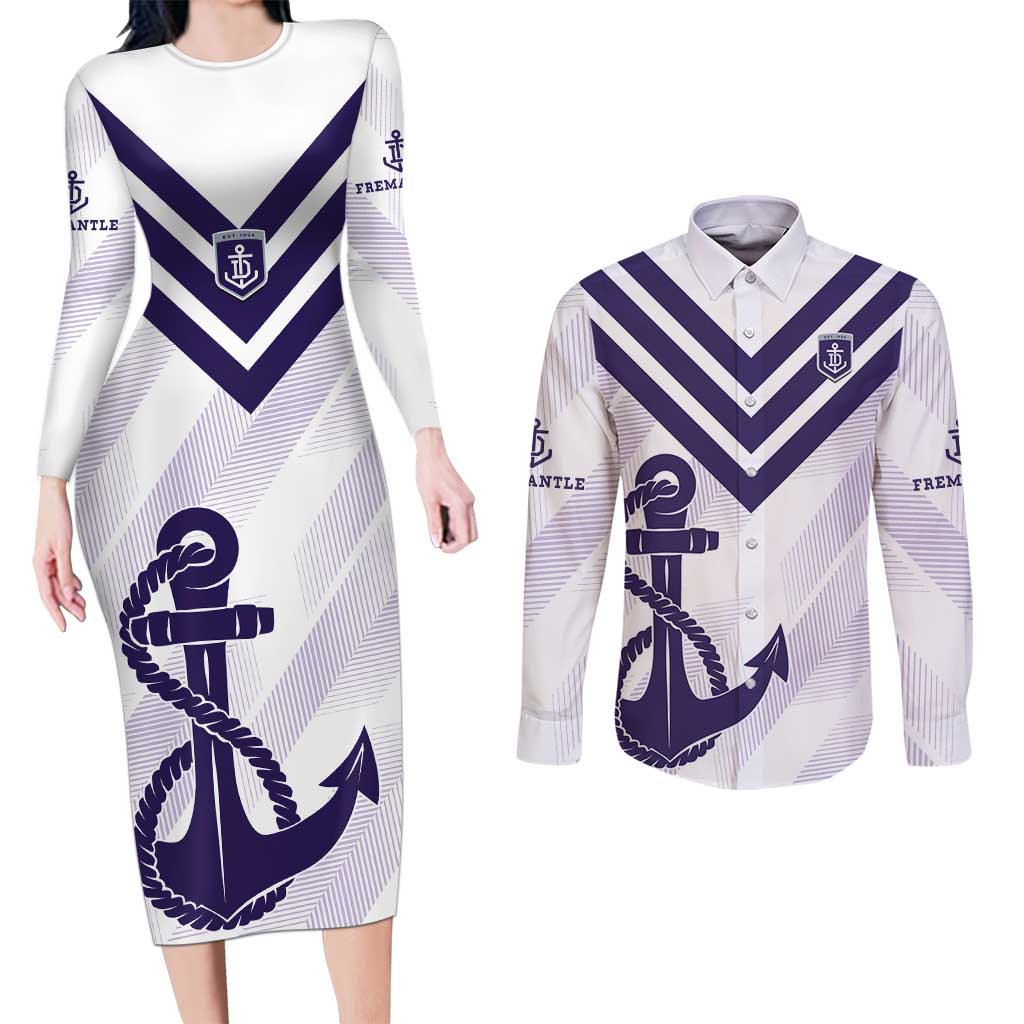 Dockers Football Custom Couples Matching Long Sleeve Bodycon Dress and Long Sleeve Button Shirt Fremantle Anchor Simple Style - Aussie Hoodie