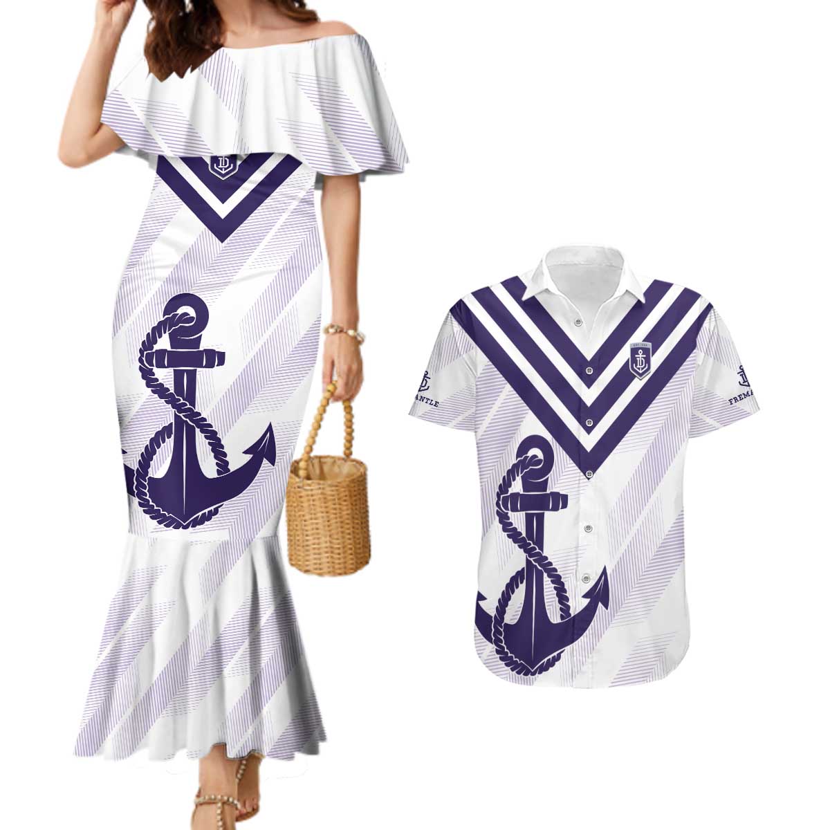 Dockers Football Custom Couples Matching Mermaid Dress and Hawaiian Shirt Fremantle Anchor Simple Style - Aussie Hoodie