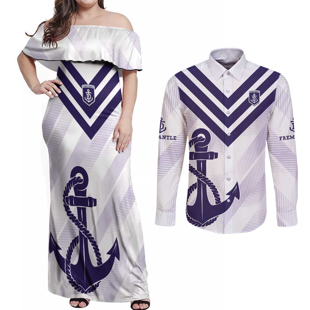 Dockers Football Custom Couples Matching Off Shoulder Maxi Dress and Long Sleeve Button Shirt Fremantle Anchor Simple Style - Aussie Hoodie