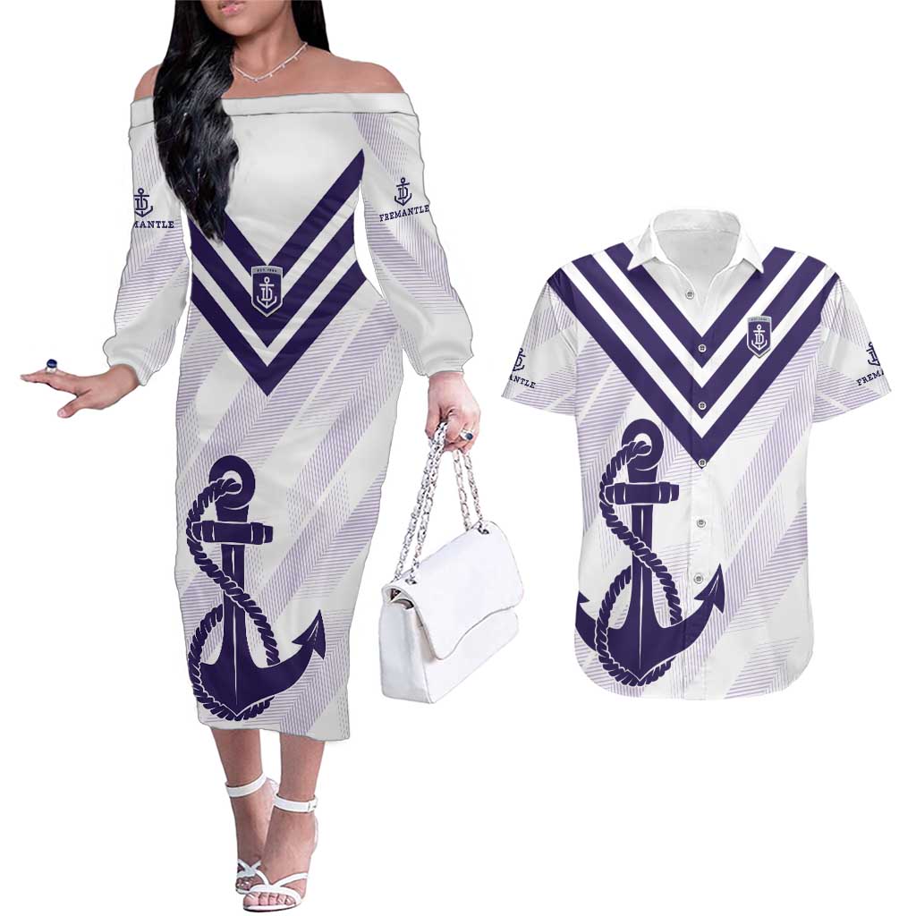 Dockers Football Custom Couples Matching Off The Shoulder Long Sleeve Dress and Hawaiian Shirt Fremantle Anchor Simple Style - Aussie Hoodie