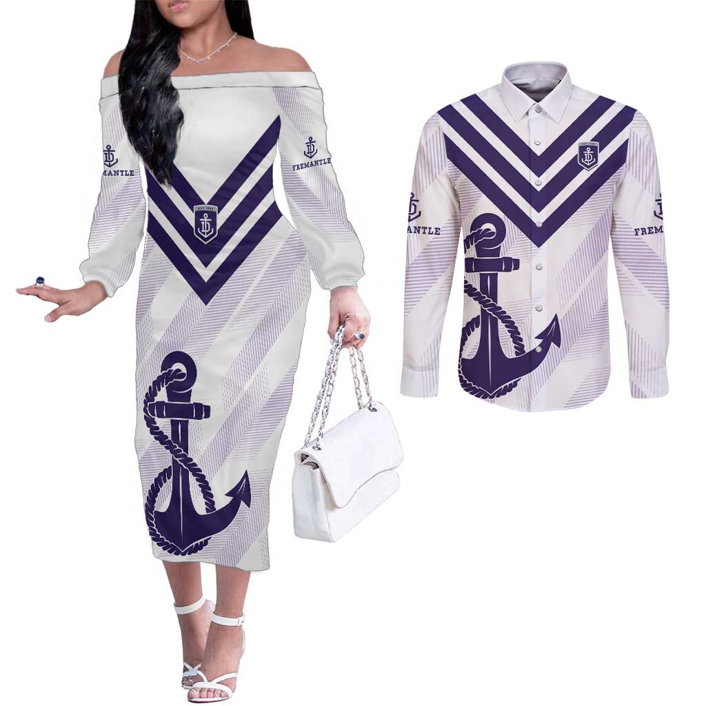 Dockers Football Custom Couples Matching Off The Shoulder Long Sleeve Dress and Long Sleeve Button Shirt Fremantle Anchor Simple Style - Aussie Hoodie
