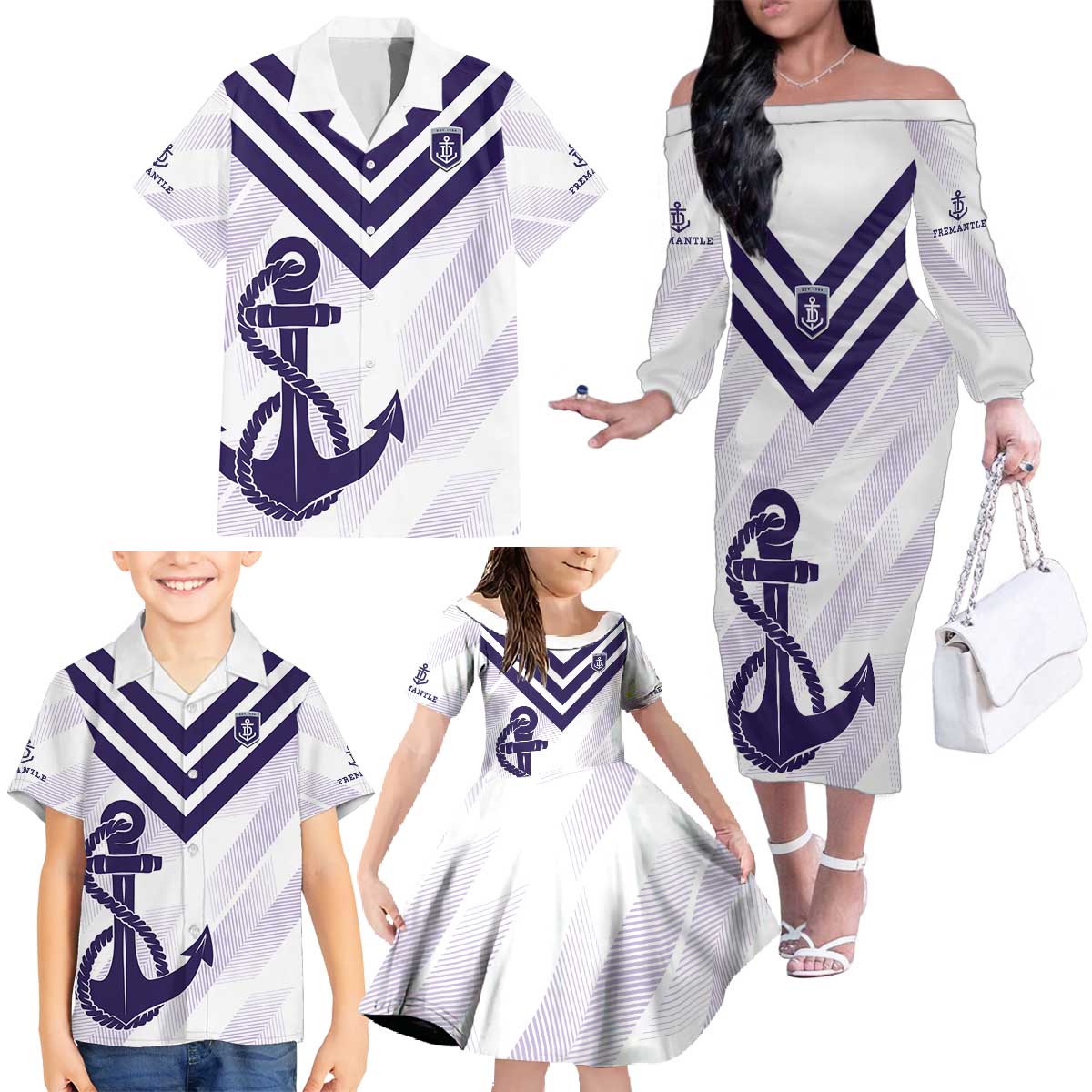 Dockers Football Custom Family Matching Off The Shoulder Long Sleeve Dress and Hawaiian Shirt Fremantle Anchor Simple Style - Aussie Hoodie