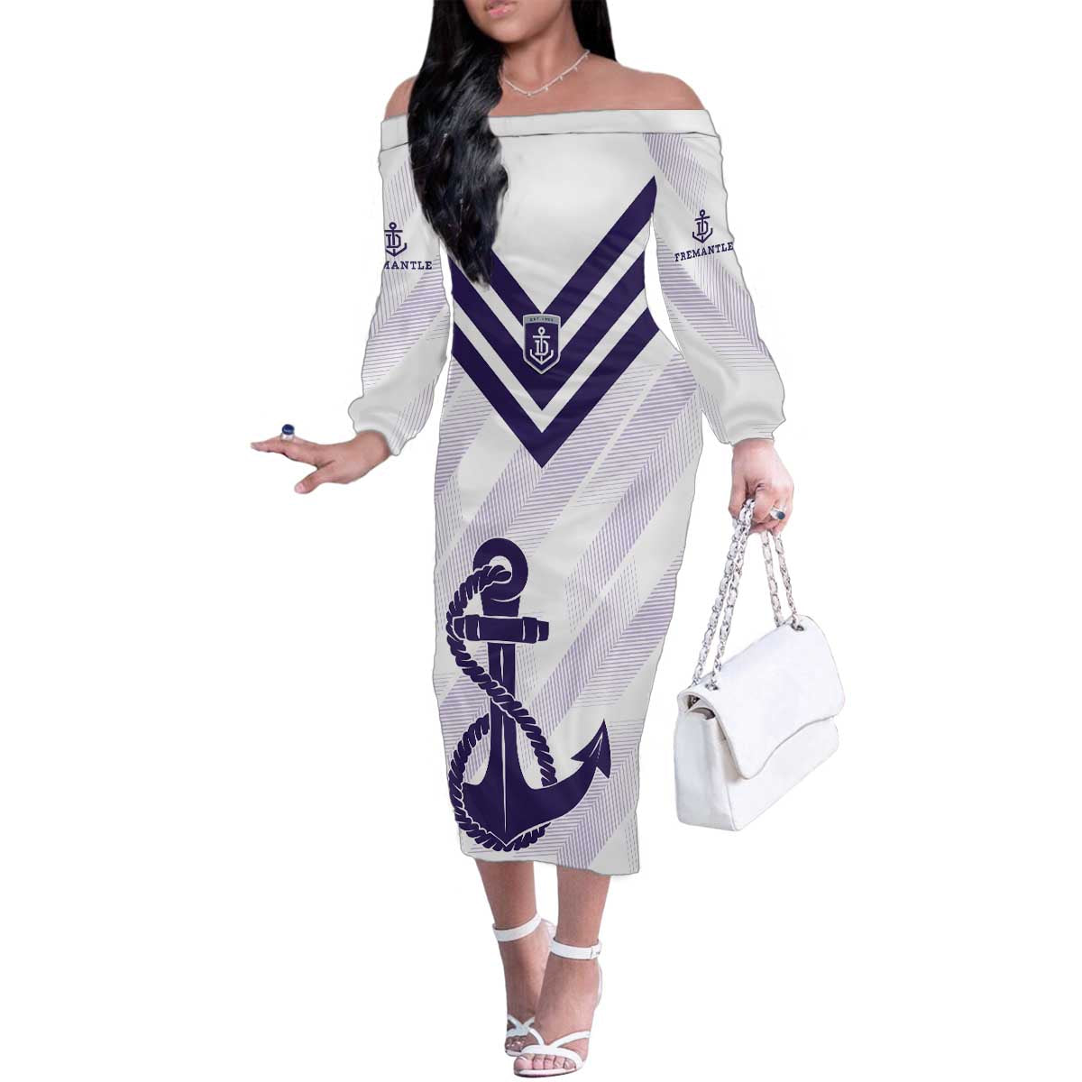 Dockers Football Custom Family Matching Off The Shoulder Long Sleeve Dress and Hawaiian Shirt Fremantle Anchor Simple Style - Aussie Hoodie