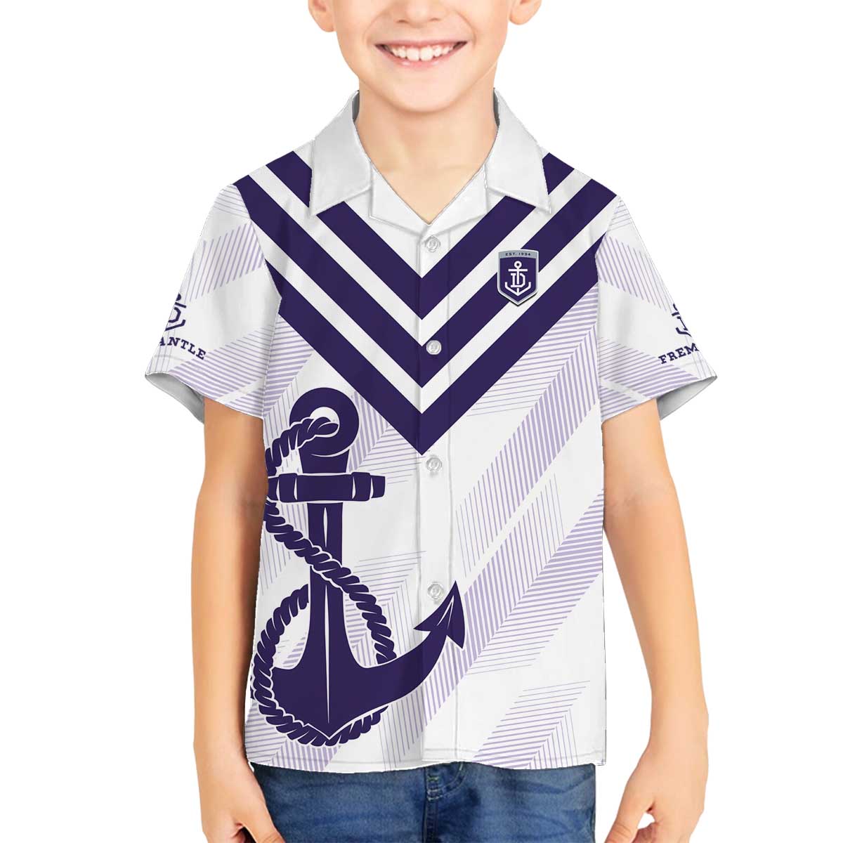 Dockers Football Custom Family Matching Off The Shoulder Long Sleeve Dress and Hawaiian Shirt Fremantle Anchor Simple Style - Aussie Hoodie