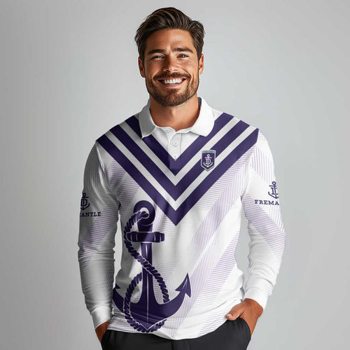 Dockers Football Custom Long Sleeve Polo Shirt Fremantle Anchor Simple Style - Aussie Hoodie