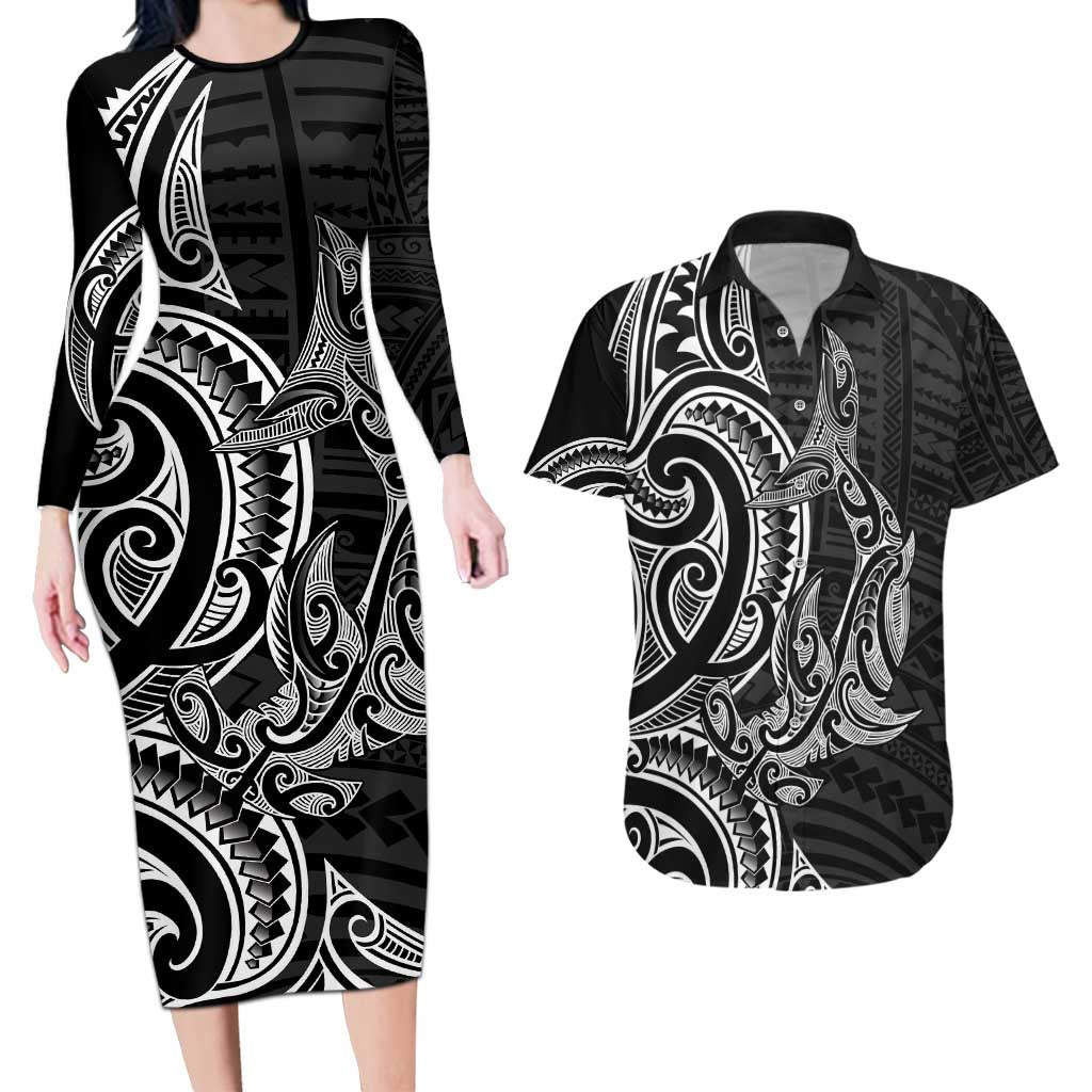 New Zealand Hammerhead Shark Couples Matching Long Sleeve Bodycon Dress and Hawaiian Shirt Maori Haehae Mangopare Black - Aussie Hoodie