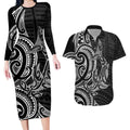 New Zealand Hammerhead Shark Couples Matching Long Sleeve Bodycon Dress and Hawaiian Shirt Maori Haehae Mangopare Black - Aussie Hoodie