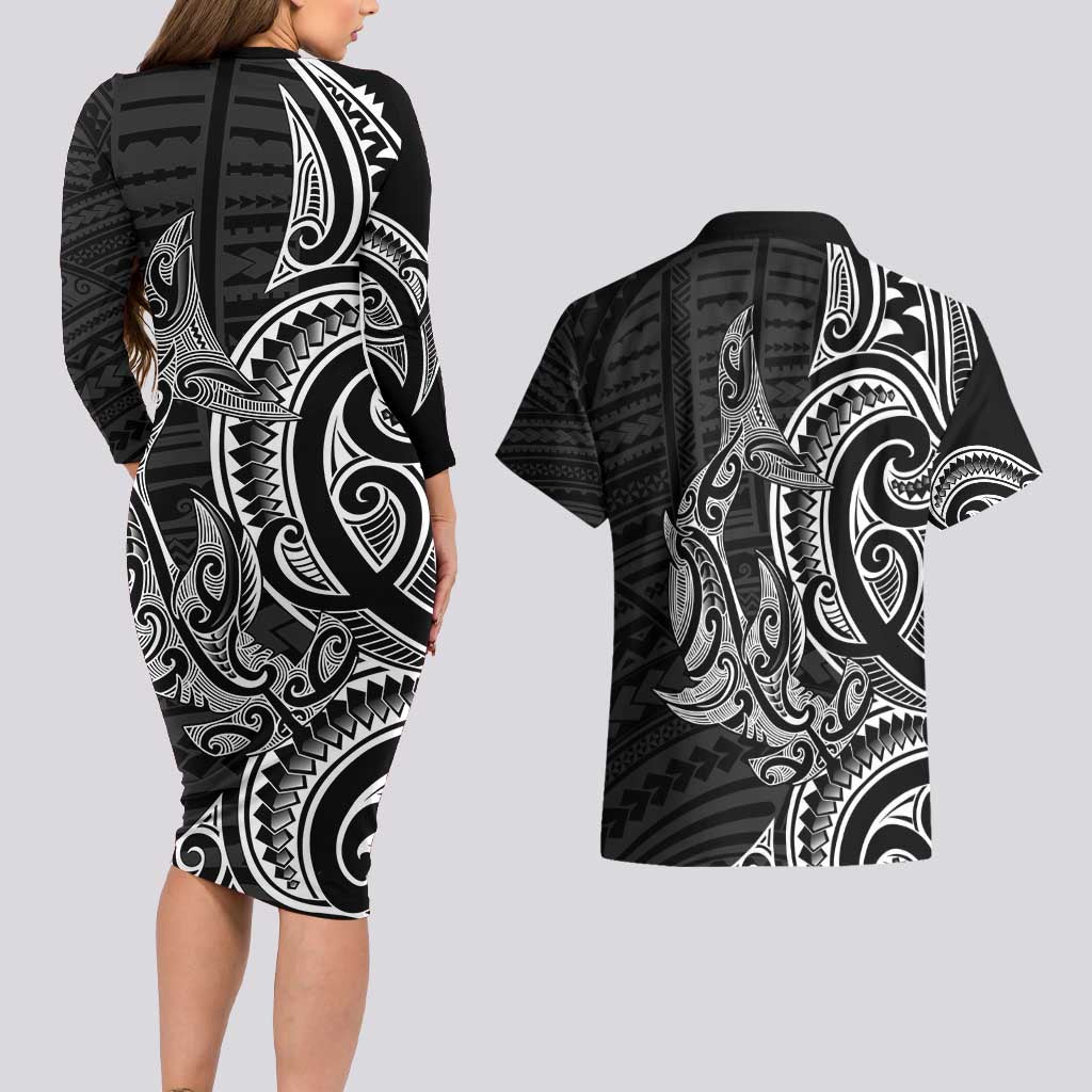 New Zealand Hammerhead Shark Couples Matching Long Sleeve Bodycon Dress and Hawaiian Shirt Maori Haehae Mangopare Black - Aussie Hoodie