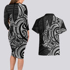 New Zealand Hammerhead Shark Couples Matching Long Sleeve Bodycon Dress and Hawaiian Shirt Maori Haehae Mangopare Black - Aussie Hoodie