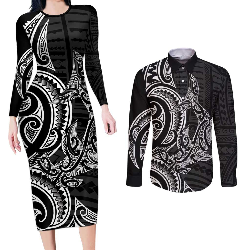 New Zealand Hammerhead Shark Couples Matching Long Sleeve Bodycon Dress and Long Sleeve Button Shirt Maori Haehae Mangopare Black - Aussie Hoodie