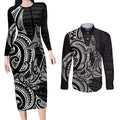 New Zealand Hammerhead Shark Couples Matching Long Sleeve Bodycon Dress and Long Sleeve Button Shirt Maori Haehae Mangopare Black - Aussie Hoodie