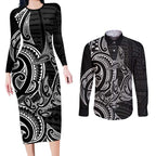 New Zealand Hammerhead Shark Couples Matching Long Sleeve Bodycon Dress and Long Sleeve Button Shirt Maori Haehae Mangopare Black - Aussie Hoodie