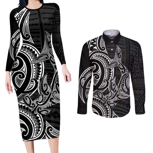 New Zealand Hammerhead Shark Couples Matching Long Sleeve Bodycon Dress and Long Sleeve Button Shirt Maori Haehae Mangopare Black - Aussie Hoodie