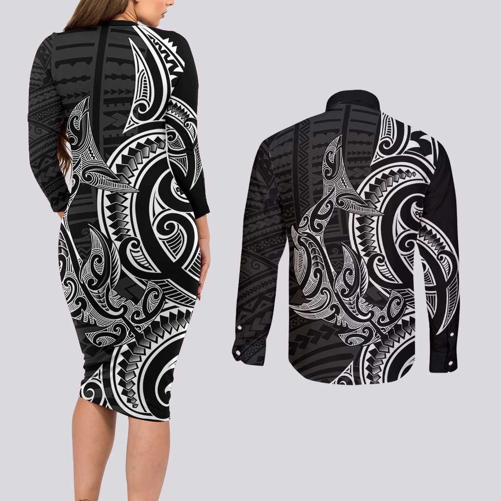 New Zealand Hammerhead Shark Couples Matching Long Sleeve Bodycon Dress and Long Sleeve Button Shirt Maori Haehae Mangopare Black - Aussie Hoodie
