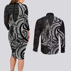 New Zealand Hammerhead Shark Couples Matching Long Sleeve Bodycon Dress and Long Sleeve Button Shirt Maori Haehae Mangopare Black - Aussie Hoodie