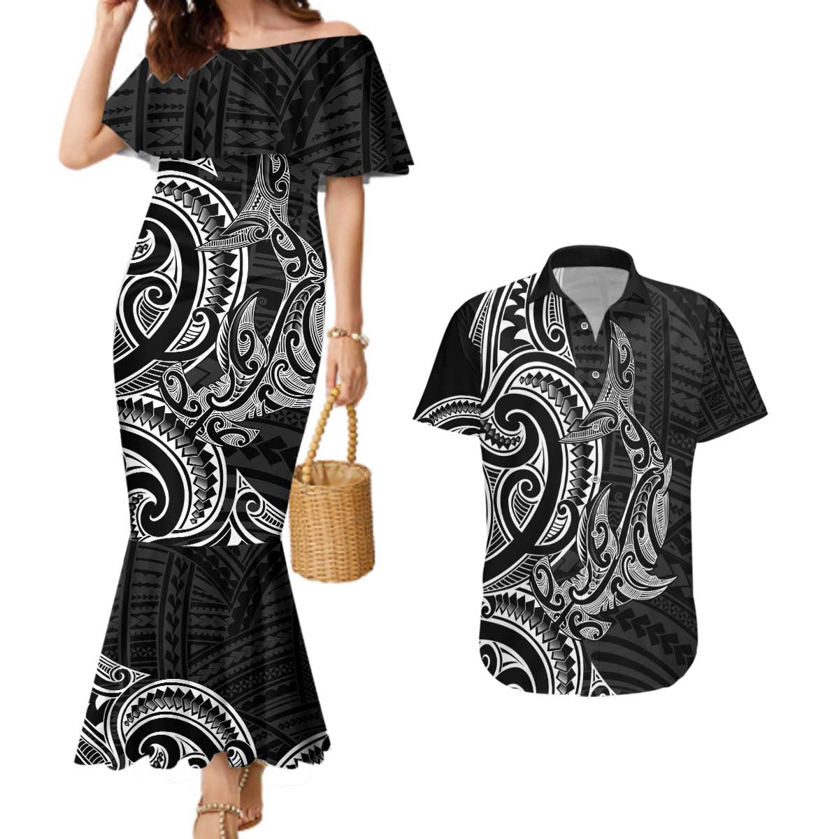 New Zealand Hammerhead Shark Couples Matching Mermaid Dress and Hawaiian Shirt Maori Haehae Mangopare Black - Aussie Hoodie