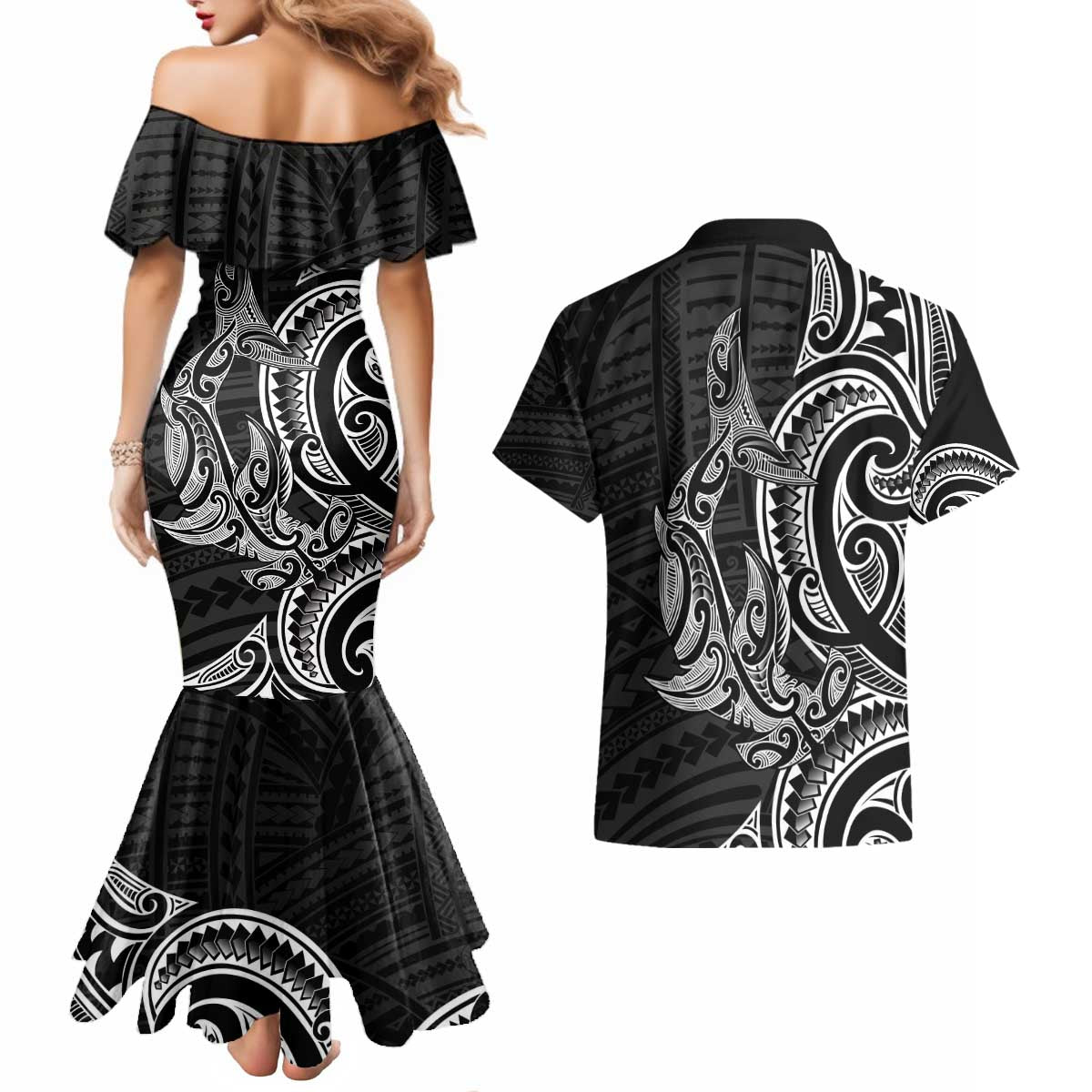 New Zealand Hammerhead Shark Couples Matching Mermaid Dress and Hawaiian Shirt Maori Haehae Mangopare Black - Aussie Hoodie