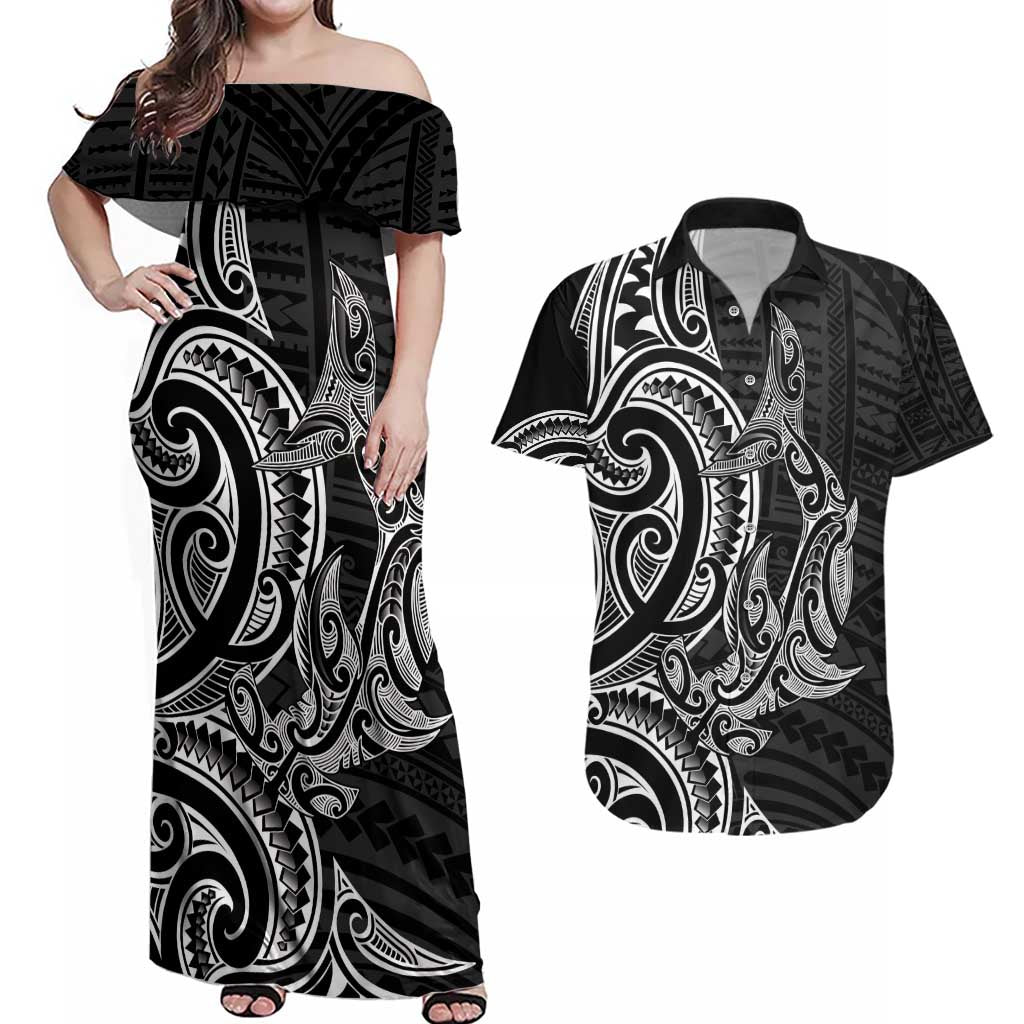 New Zealand Hammerhead Shark Couples Matching Off Shoulder Maxi Dress and Hawaiian Shirt Maori Haehae Mangopare Black - Aussie Hoodie