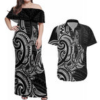 New Zealand Hammerhead Shark Couples Matching Off Shoulder Maxi Dress and Hawaiian Shirt Maori Haehae Mangopare Black - Aussie Hoodie
