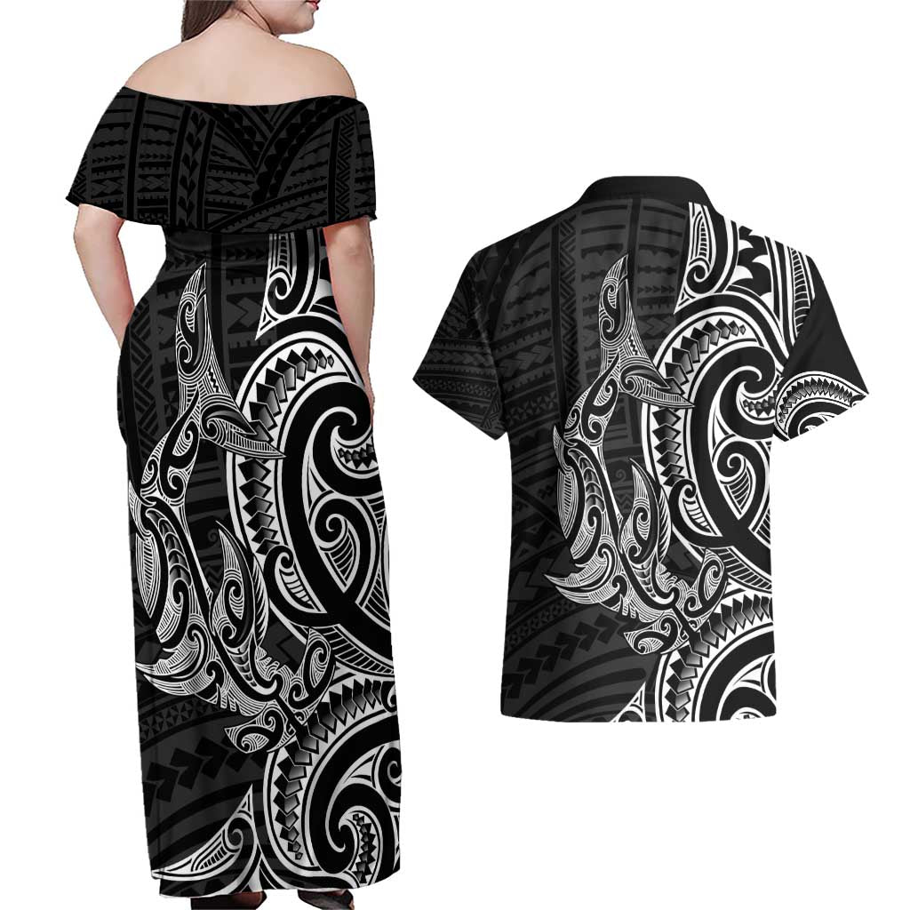 New Zealand Hammerhead Shark Couples Matching Off Shoulder Maxi Dress and Hawaiian Shirt Maori Haehae Mangopare Black - Aussie Hoodie