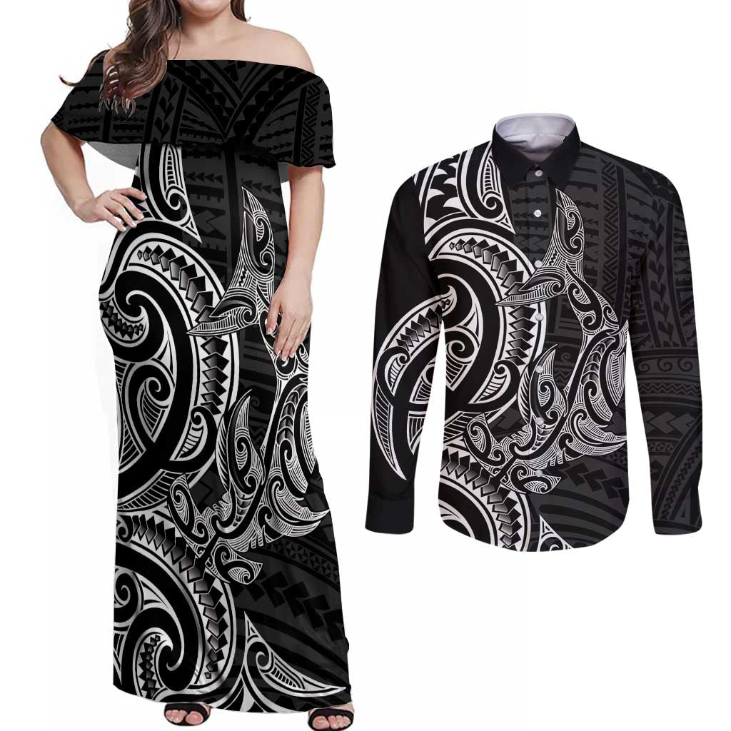 New Zealand Hammerhead Shark Couples Matching Off Shoulder Maxi Dress and Long Sleeve Button Shirt Maori Haehae Mangopare Black - Aussie Hoodie