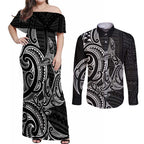 New Zealand Hammerhead Shark Couples Matching Off Shoulder Maxi Dress and Long Sleeve Button Shirt Maori Haehae Mangopare Black - Aussie Hoodie