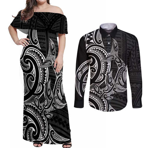 New Zealand Hammerhead Shark Couples Matching Off Shoulder Maxi Dress and Long Sleeve Button Shirt Maori Haehae Mangopare Black - Aussie Hoodie