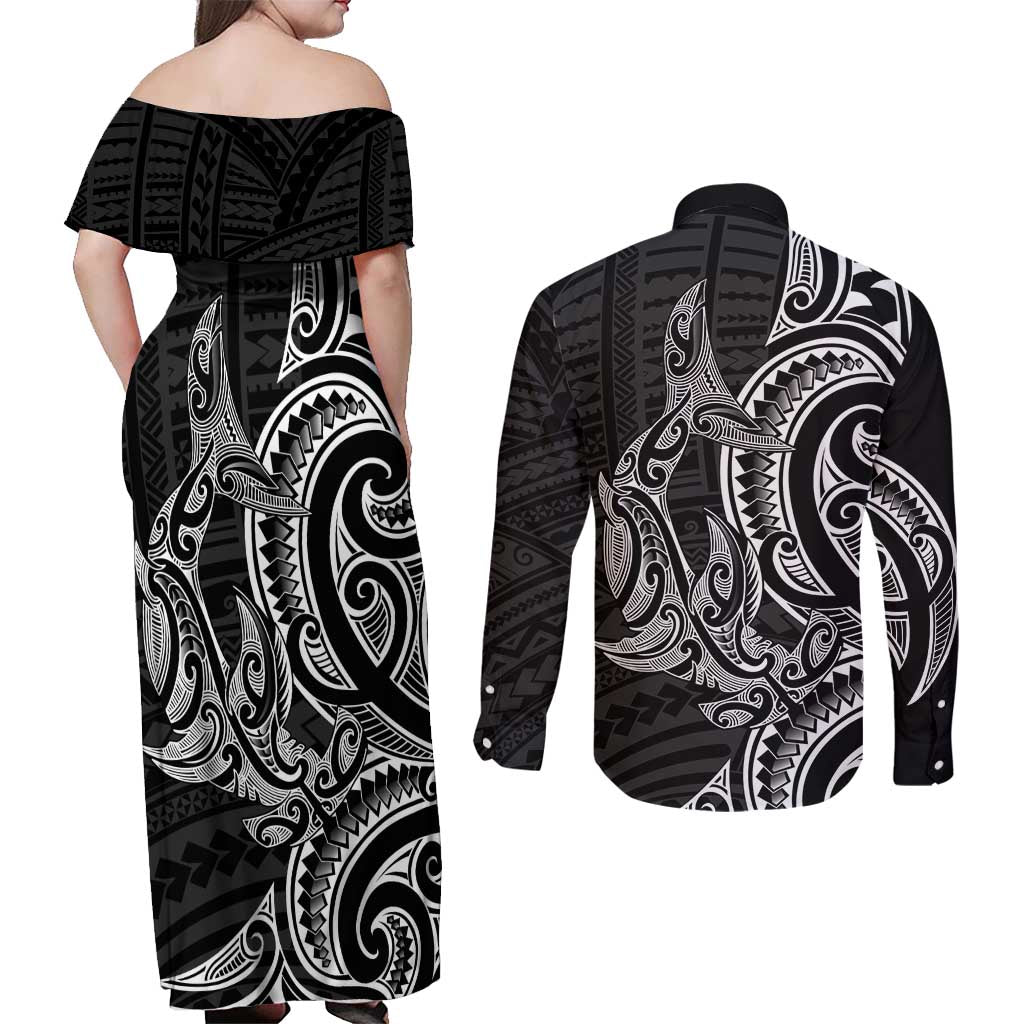 New Zealand Hammerhead Shark Couples Matching Off Shoulder Maxi Dress and Long Sleeve Button Shirt Maori Haehae Mangopare Black - Aussie Hoodie