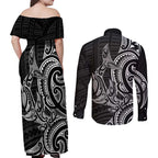 New Zealand Hammerhead Shark Couples Matching Off Shoulder Maxi Dress and Long Sleeve Button Shirt Maori Haehae Mangopare Black - Aussie Hoodie