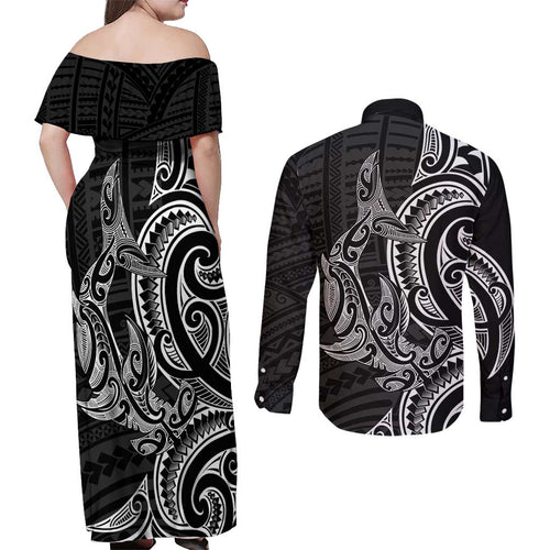 New Zealand Hammerhead Shark Couples Matching Off Shoulder Maxi Dress and Long Sleeve Button Shirt Maori Haehae Mangopare Black - Aussie Hoodie