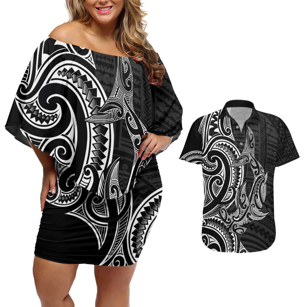 New Zealand Hammerhead Shark Couples Matching Off Shoulder Short Dress and Hawaiian Shirt Maori Haehae Mangopare Black - Aussie Hoodie