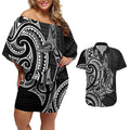 New Zealand Hammerhead Shark Couples Matching Off Shoulder Short Dress and Hawaiian Shirt Maori Haehae Mangopare Black - Aussie Hoodie
