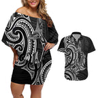 New Zealand Hammerhead Shark Couples Matching Off Shoulder Short Dress and Hawaiian Shirt Maori Haehae Mangopare Black - Aussie Hoodie