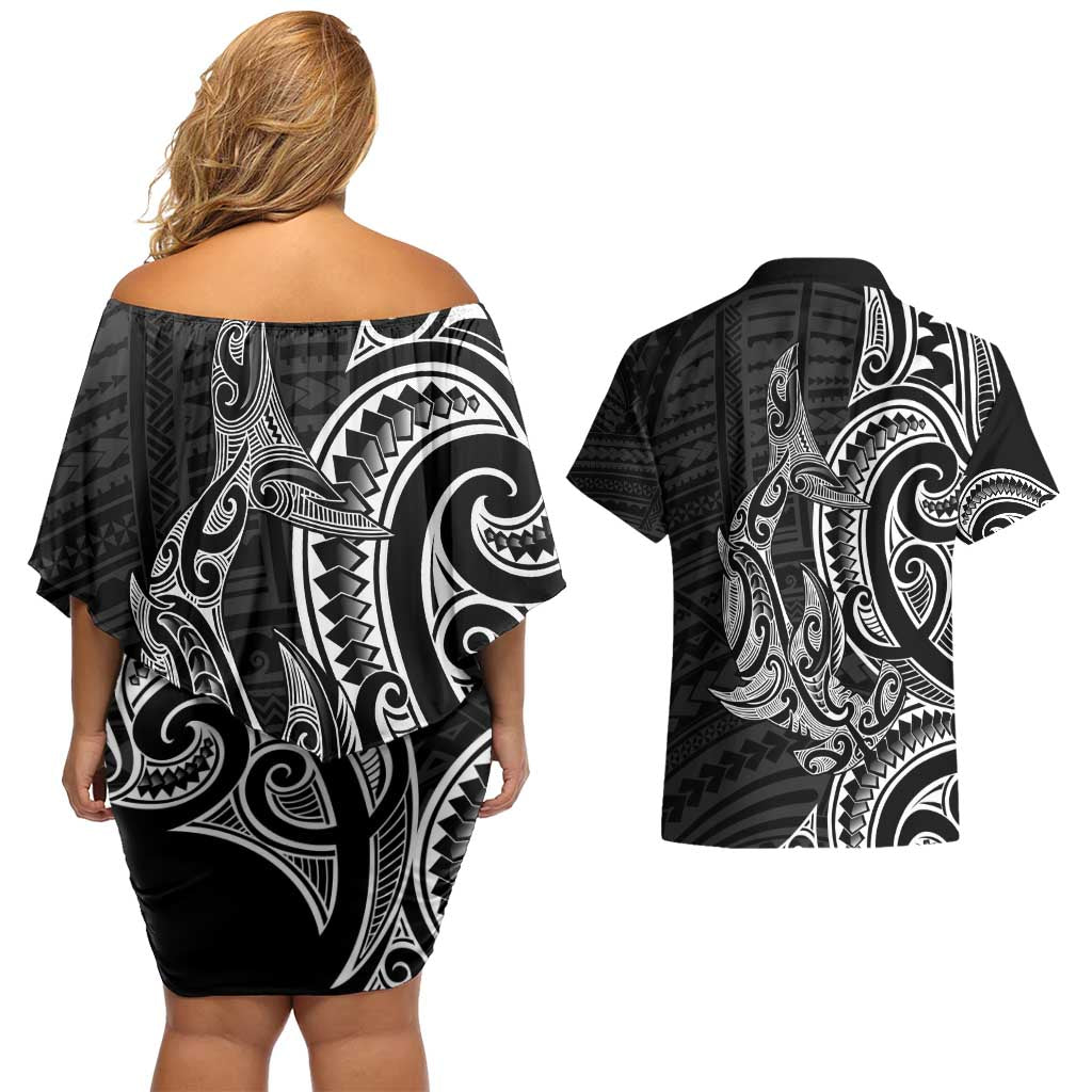 New Zealand Hammerhead Shark Couples Matching Off Shoulder Short Dress and Hawaiian Shirt Maori Haehae Mangopare Black - Aussie Hoodie