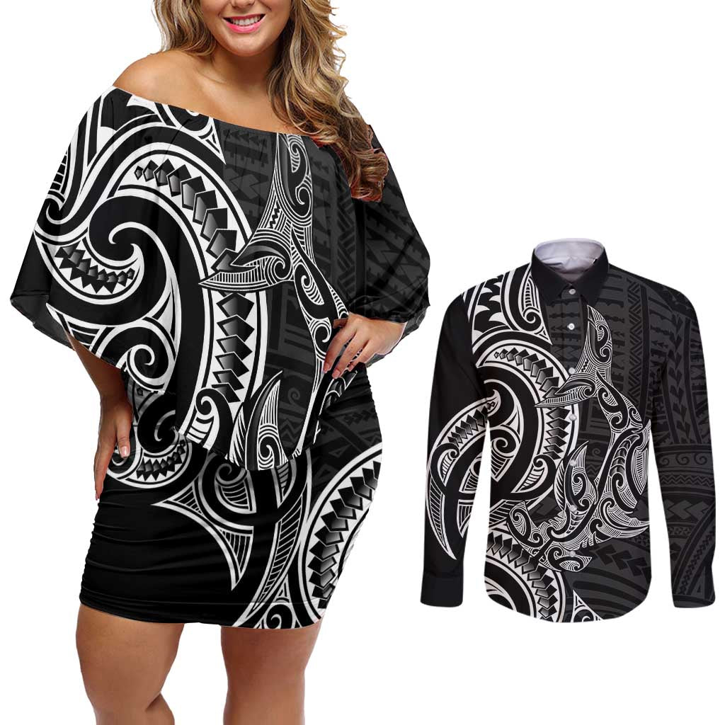 New Zealand Hammerhead Shark Couples Matching Off Shoulder Short Dress and Long Sleeve Button Shirt Maori Haehae Mangopare Black - Aussie Hoodie