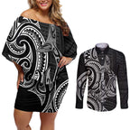 New Zealand Hammerhead Shark Couples Matching Off Shoulder Short Dress and Long Sleeve Button Shirt Maori Haehae Mangopare Black - Aussie Hoodie