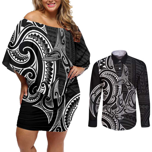 New Zealand Hammerhead Shark Couples Matching Off Shoulder Short Dress and Long Sleeve Button Shirt Maori Haehae Mangopare Black - Aussie Hoodie