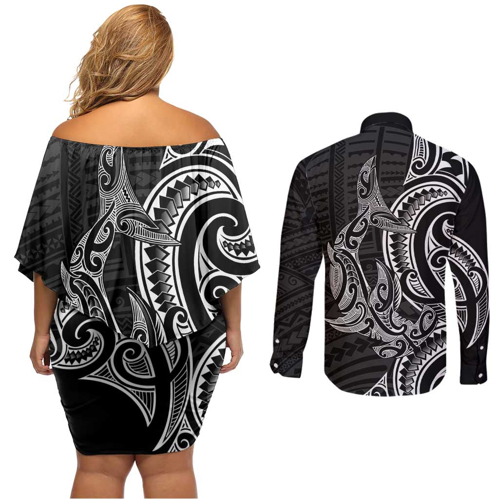 New Zealand Hammerhead Shark Couples Matching Off Shoulder Short Dress and Long Sleeve Button Shirt Maori Haehae Mangopare Black - Aussie Hoodie