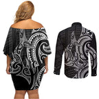 New Zealand Hammerhead Shark Couples Matching Off Shoulder Short Dress and Long Sleeve Button Shirt Maori Haehae Mangopare Black - Aussie Hoodie