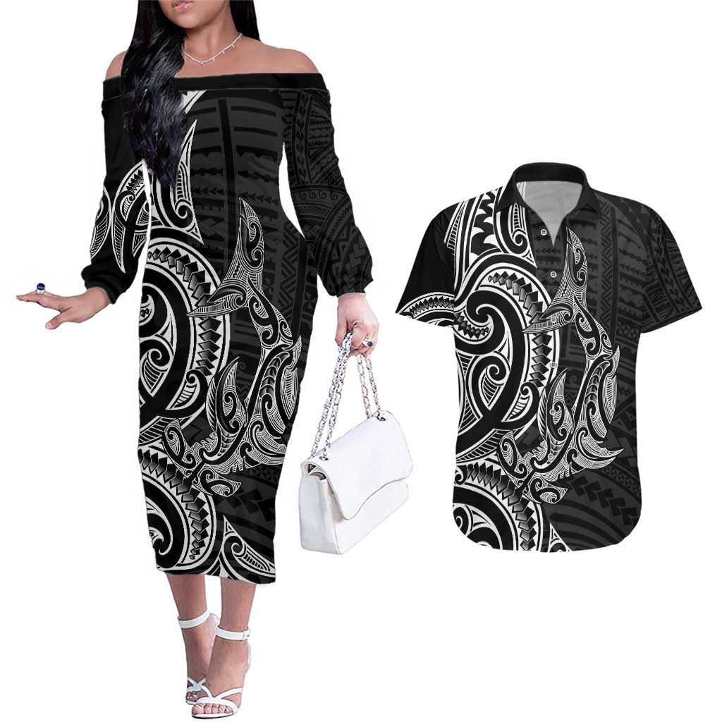 New Zealand Hammerhead Shark Couples Matching Off The Shoulder Long Sleeve Dress and Hawaiian Shirt Maori Haehae Mangopare Black - Aussie Hoodie