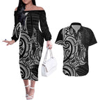 New Zealand Hammerhead Shark Couples Matching Off The Shoulder Long Sleeve Dress and Hawaiian Shirt Maori Haehae Mangopare Black - Aussie Hoodie