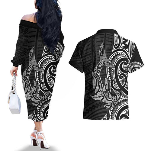 New Zealand Hammerhead Shark Couples Matching Off The Shoulder Long Sleeve Dress and Hawaiian Shirt Maori Haehae Mangopare Black - Aussie Hoodie