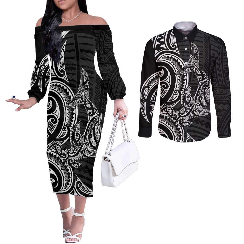 New Zealand Hammerhead Shark Couples Matching Off The Shoulder Long Sleeve Dress and Long Sleeve Button Shirt Maori Haehae Mangopare Black - Aussie Hoodie