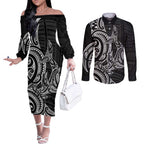 New Zealand Hammerhead Shark Couples Matching Off The Shoulder Long Sleeve Dress and Long Sleeve Button Shirt Maori Haehae Mangopare Black - Aussie Hoodie